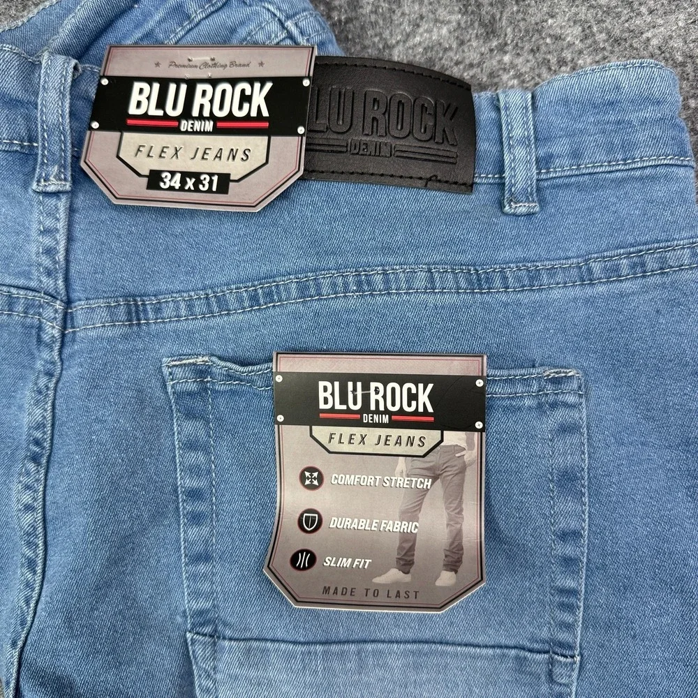 Blu Rock Jeans Mens 34x31 Slim Fit Light Blue 4 Way Stretch Flex Denim NWT